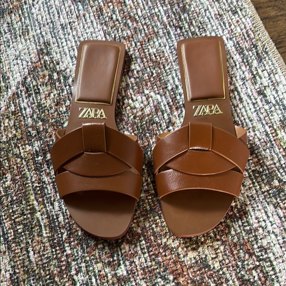Zara Brown Leather Sandals with Woven Detail, worn once!